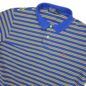 Polo Ralph Lauren Polo Shirt Mens Large Blue Yellow Stripe Pique Cotton Casual